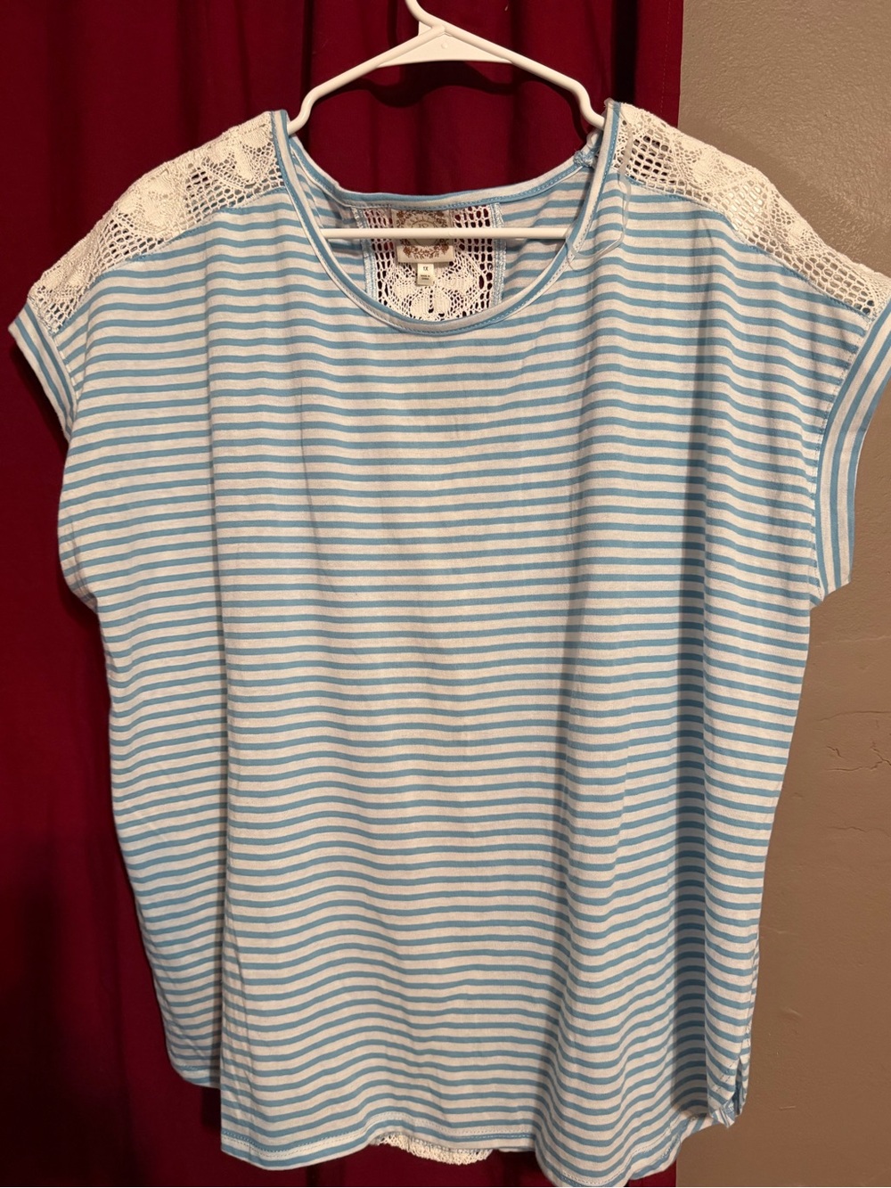 Light Blue & White Striped Crochet Shoulder Women's Top